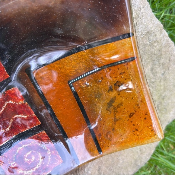 VINTAGE MCM 70s Glass 6" Square Ashtray Trinket Red Orange Silver Abstract Tray - Picture 6 of 11